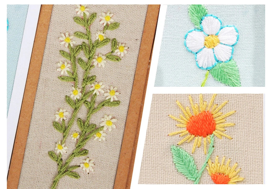 Bookmark Set Of Five DIY Needlepoint Hoop Hand embroidered Bookmark flower Gift for readers bookmark Beginner Embroidery Kit