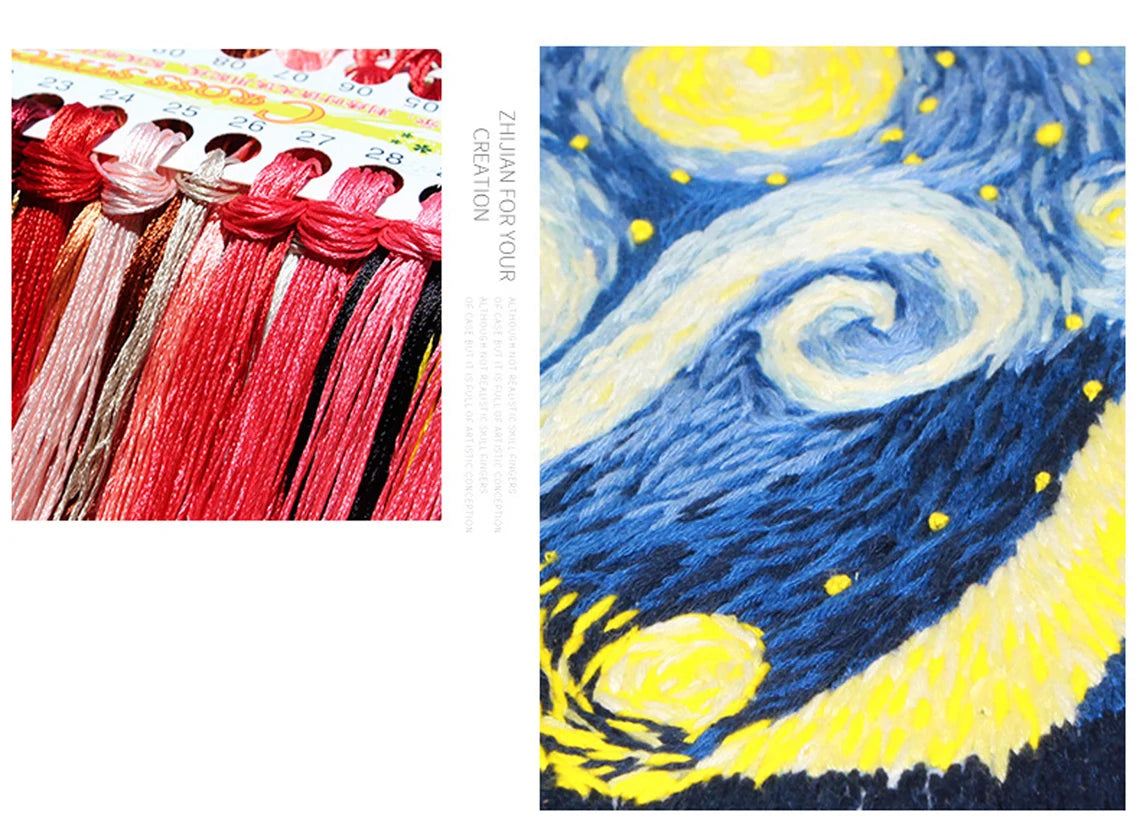 Van Gogh’s Starry Night Pattern-Hand Embroidery Full Kit-DIY Embroidery Hoop Wall Art Kit-Gifts for coworker