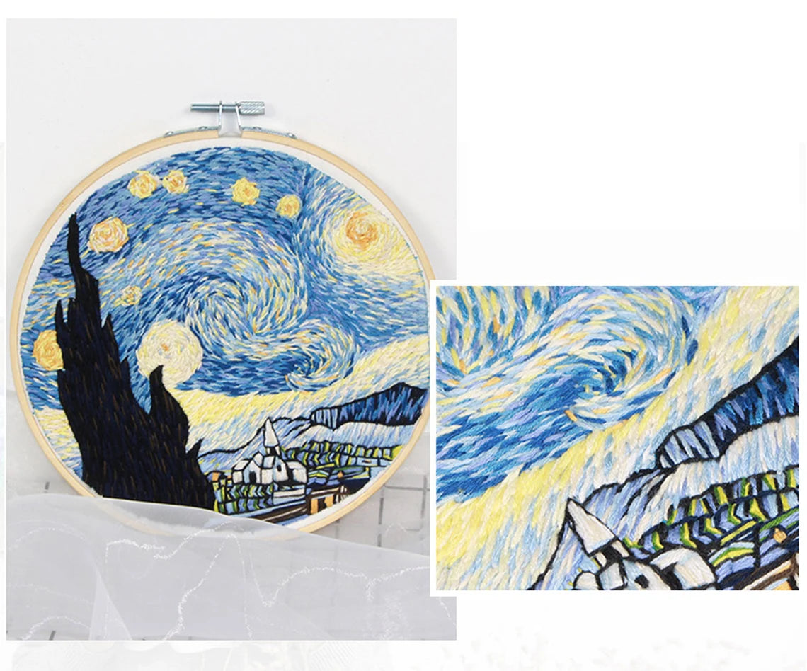 Van Gogh’s Starry Night Pattern-Hand Embroidery Full Kit-DIY Embroidery Hoop Wall Art Kit-Gifts for coworker