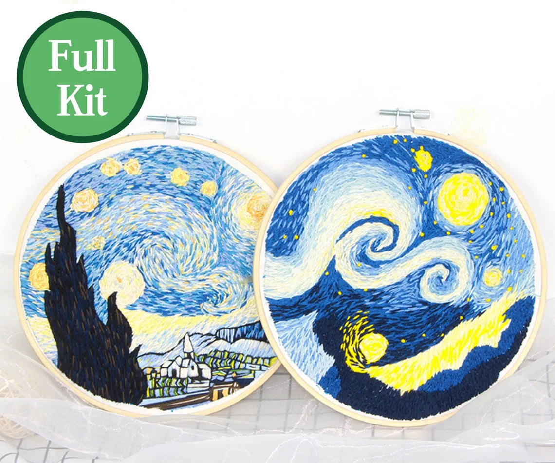 Van Gogh’s Starry Night Pattern-Hand Embroidery Full Kit-DIY Embroidery Hoop Wall Art Kit-Gifts for coworker