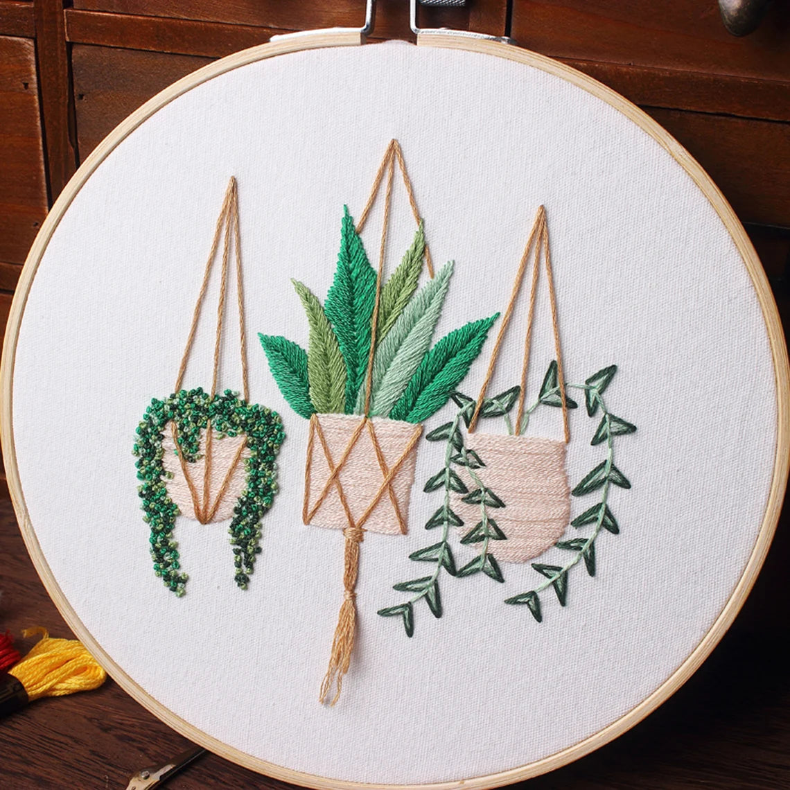 Embroidery Kit Beginner-Hanging Planter Floral Pattern-Hand Embroidery Full Kit-DIY Flower Embroidery Hoop Wall Art Kit