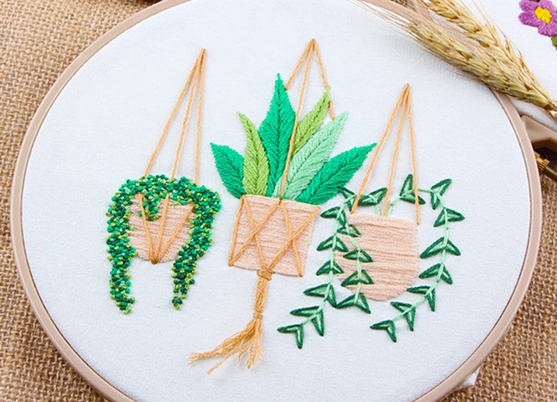 Embroidery Kit Beginner-Hanging Planter Floral Pattern-Hand Embroidery Full Kit-DIY Flower Embroidery Hoop Wall Art Kit