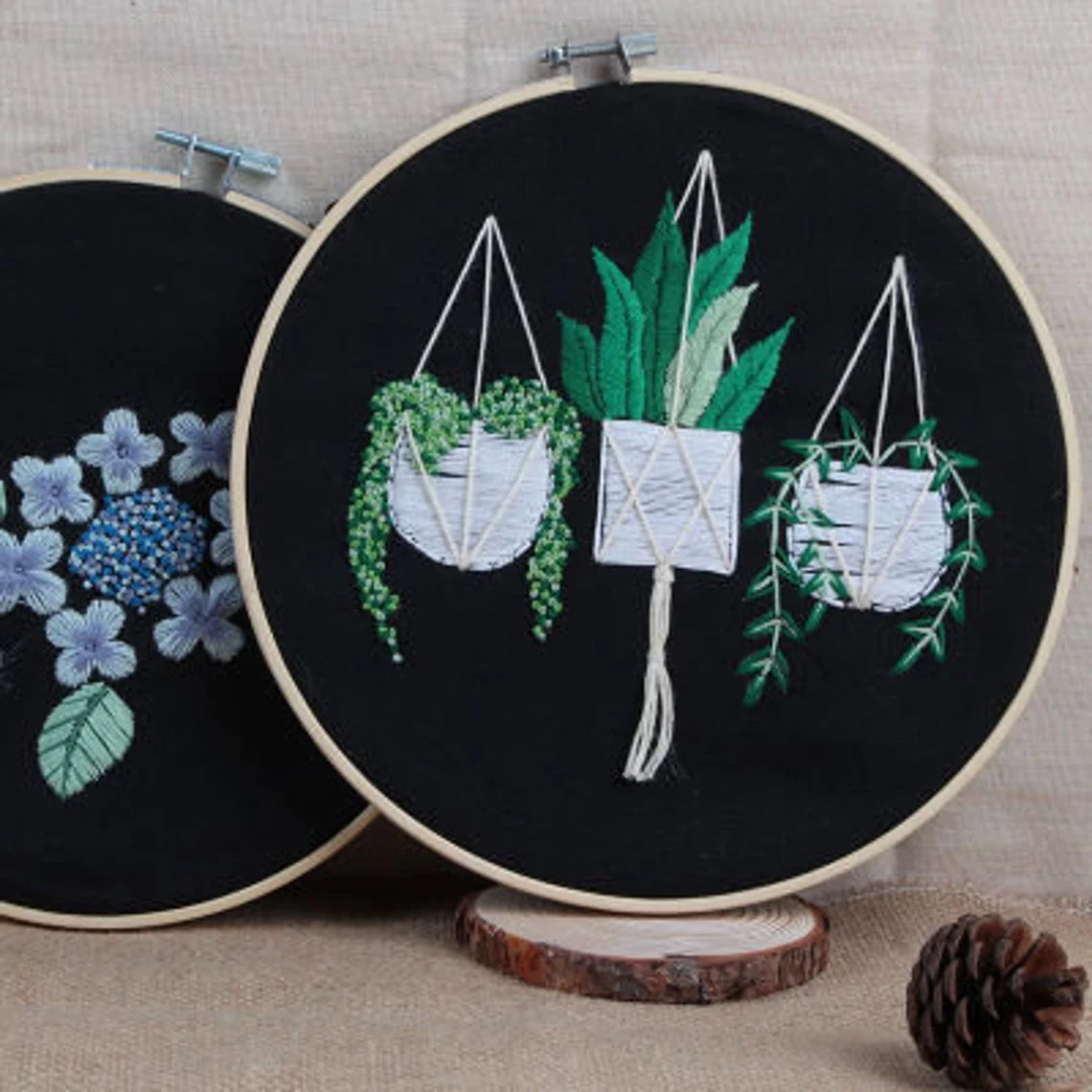 Embroidery Kit Beginner-Hanging Planter Floral Pattern-Hand Embroidery Full Kit-DIY Flower Embroidery Hoop Wall Art Kit