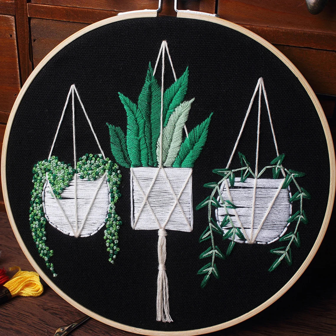 Embroidery Kit Beginner-Hanging Planter Floral Pattern-Hand Embroidery Full Kit-DIY Flower Embroidery Hoop Wall Art Kit