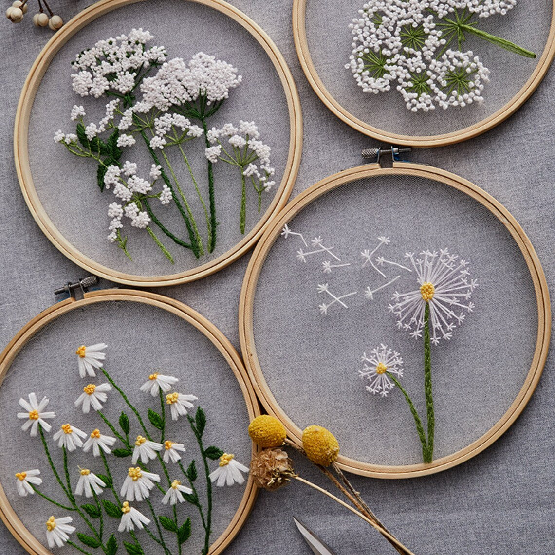 Plants transparent embroidery kit for beginner,Flower diy Kit, Floral Hand Embroidery Full Kit