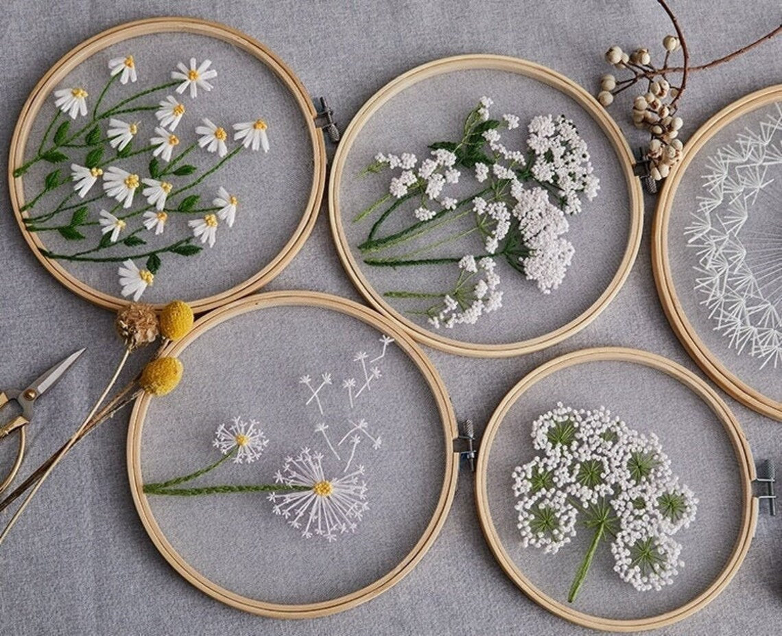 Plants transparent embroidery kit for beginner,Flower diy Kit, Floral Hand Embroidery Full Kit