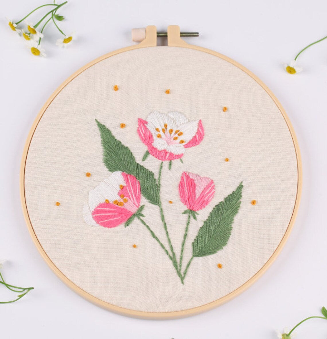 Modern Flower Pattern - Hand Embroidery Full Kit - DIY Floral Embroidery Hoop Wall Art Kit -English Guide