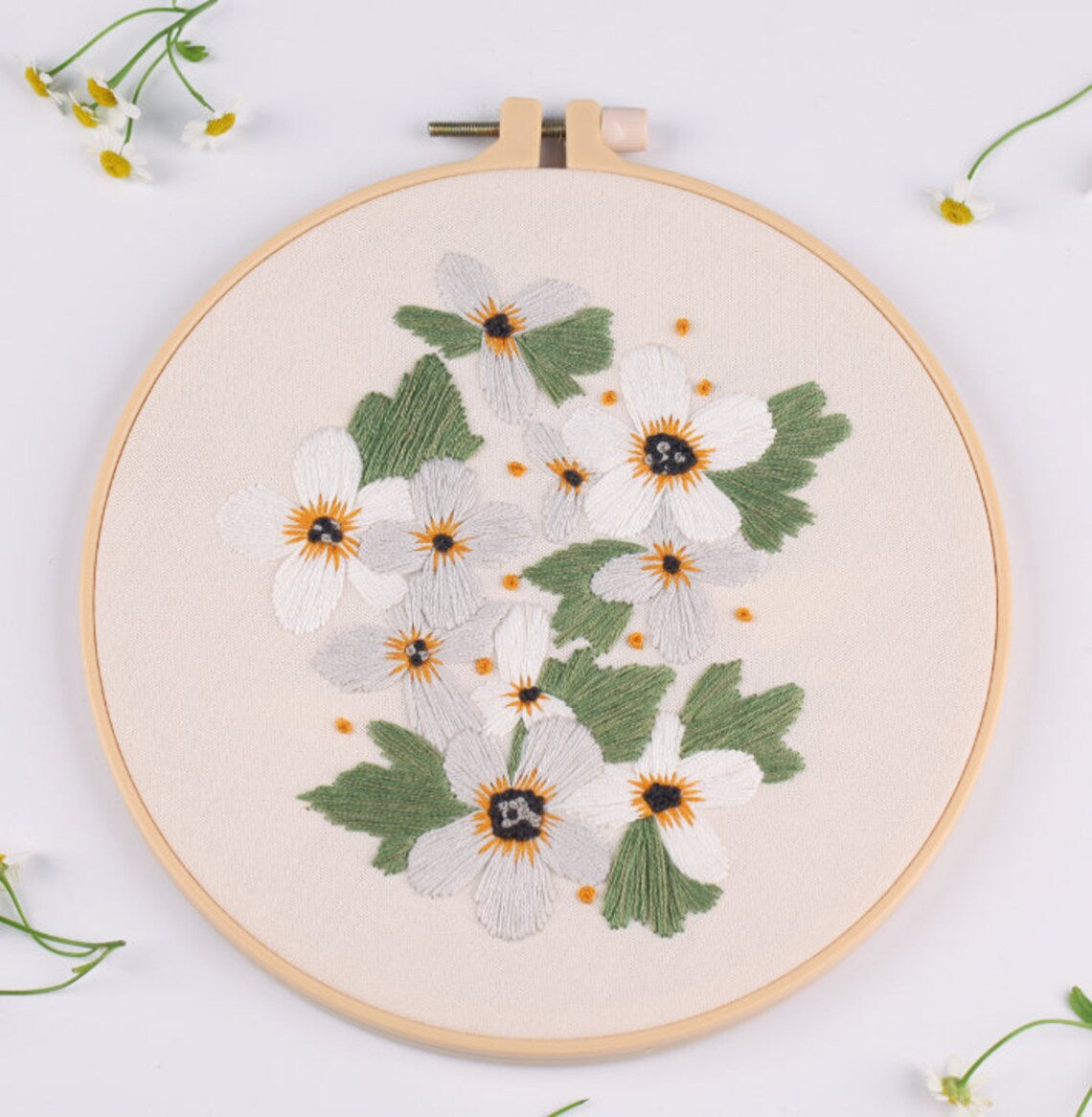 Modern Flower Pattern - Hand Embroidery Full Kit - DIY Floral Embroidery Hoop Wall Art Kit -English Guide