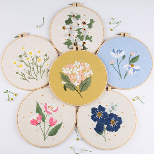 Modern Flower Pattern - Hand Embroidery Full Kit - DIY Floral Embroidery Hoop Wall Art Kit -English Guide