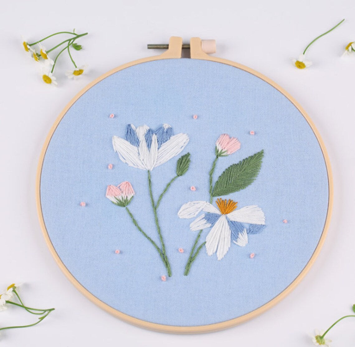Modern Flower Pattern - Hand Embroidery Full Kit - DIY Floral Embroidery Hoop Wall Art Kit -English Guide