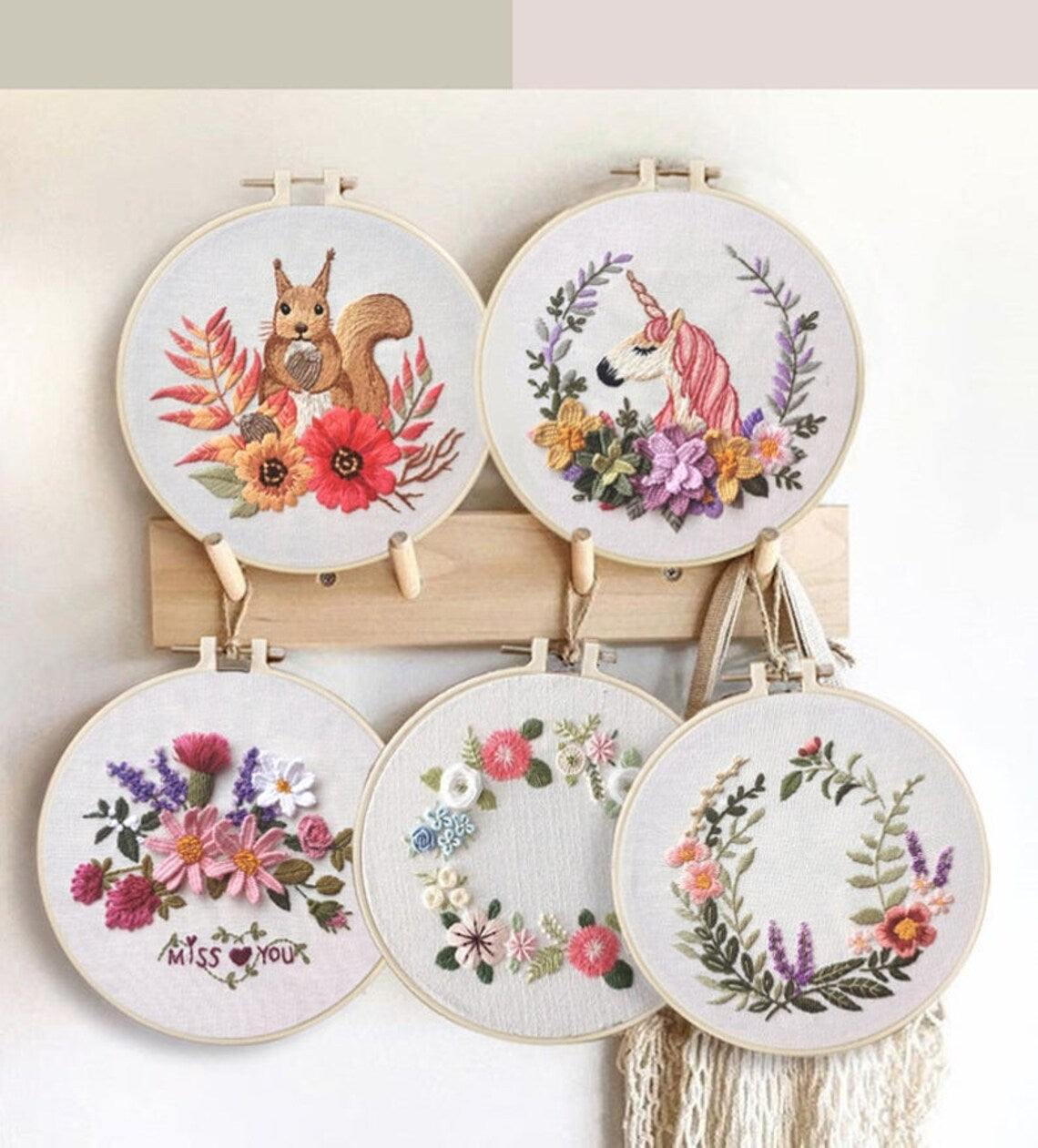 Embroidery Kit Beginner, Full Kit with Hoop, Unicorn Squirrel Hand embroidery ,Crewel embroidery, DIY Craft Kit Needlepoint Hoop Wall Art Kit