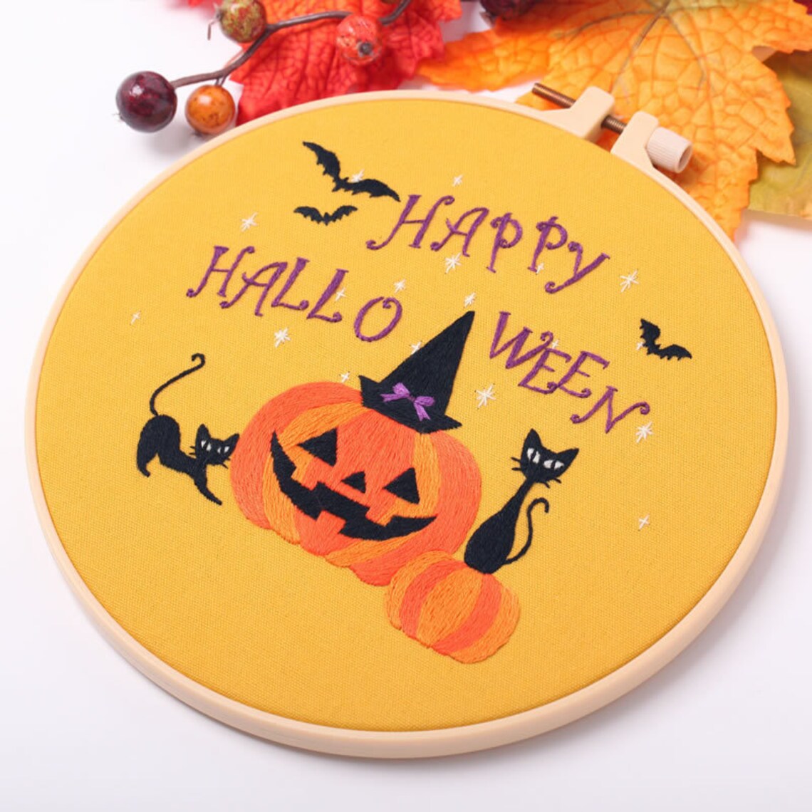 Modern Crewel Embroidery Kit with Pattern about hallow day | Floral Embroidery Full Kit with Needlepoint Hoop| DIY Craft Kit