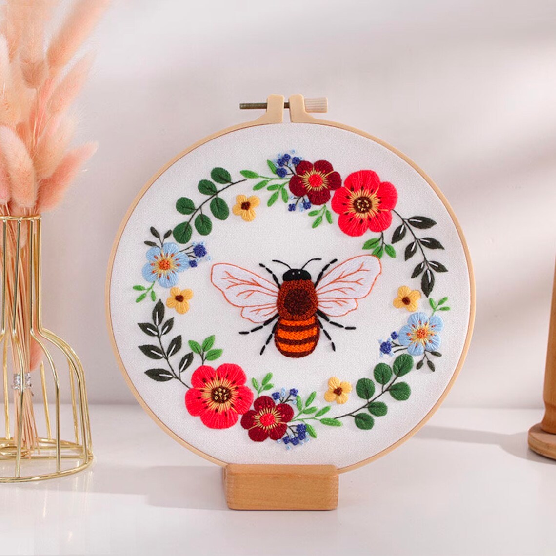 Bees and Flowers Embroidery Kit For Beginner  Modern Embroidery Kit with Pattern