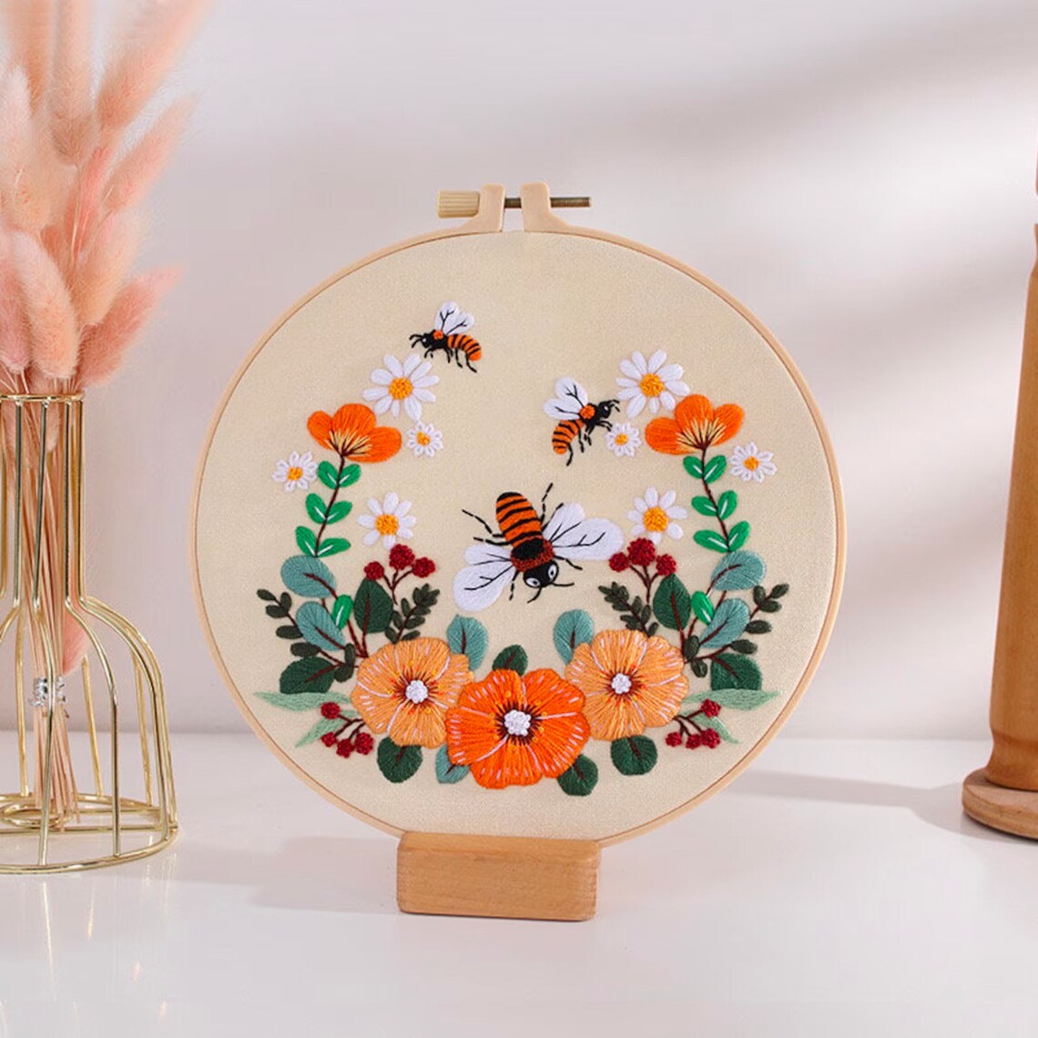 Bees and Flowers Embroidery Kit For Beginner  Modern Embroidery Kit with Pattern