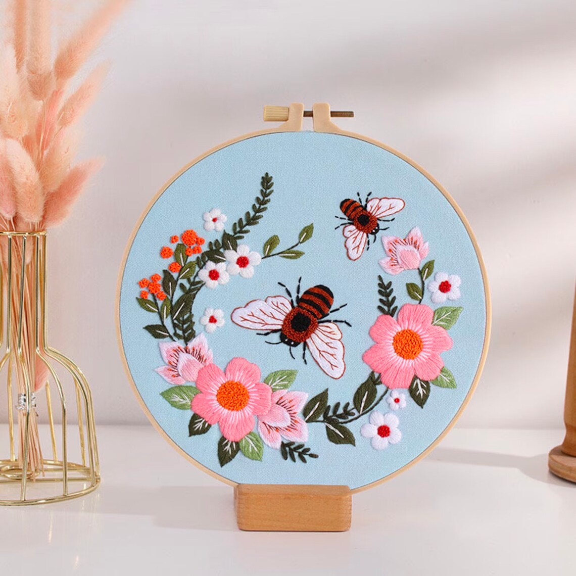 Bees and Flowers Embroidery Kit For Beginner  Modern Embroidery Kit with Pattern