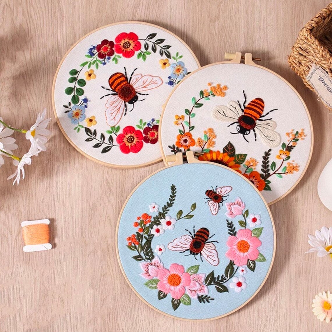 Bees and Flowers Embroidery Kit For Beginner  Modern Embroidery Kit with Pattern