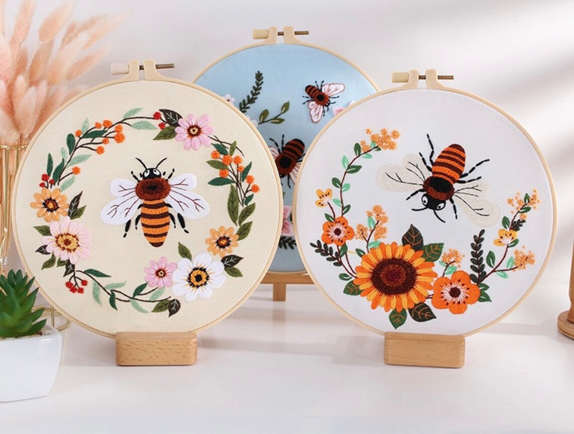 Bees and Flowers Embroidery Kit For Beginner  Modern Embroidery Kit with Pattern
