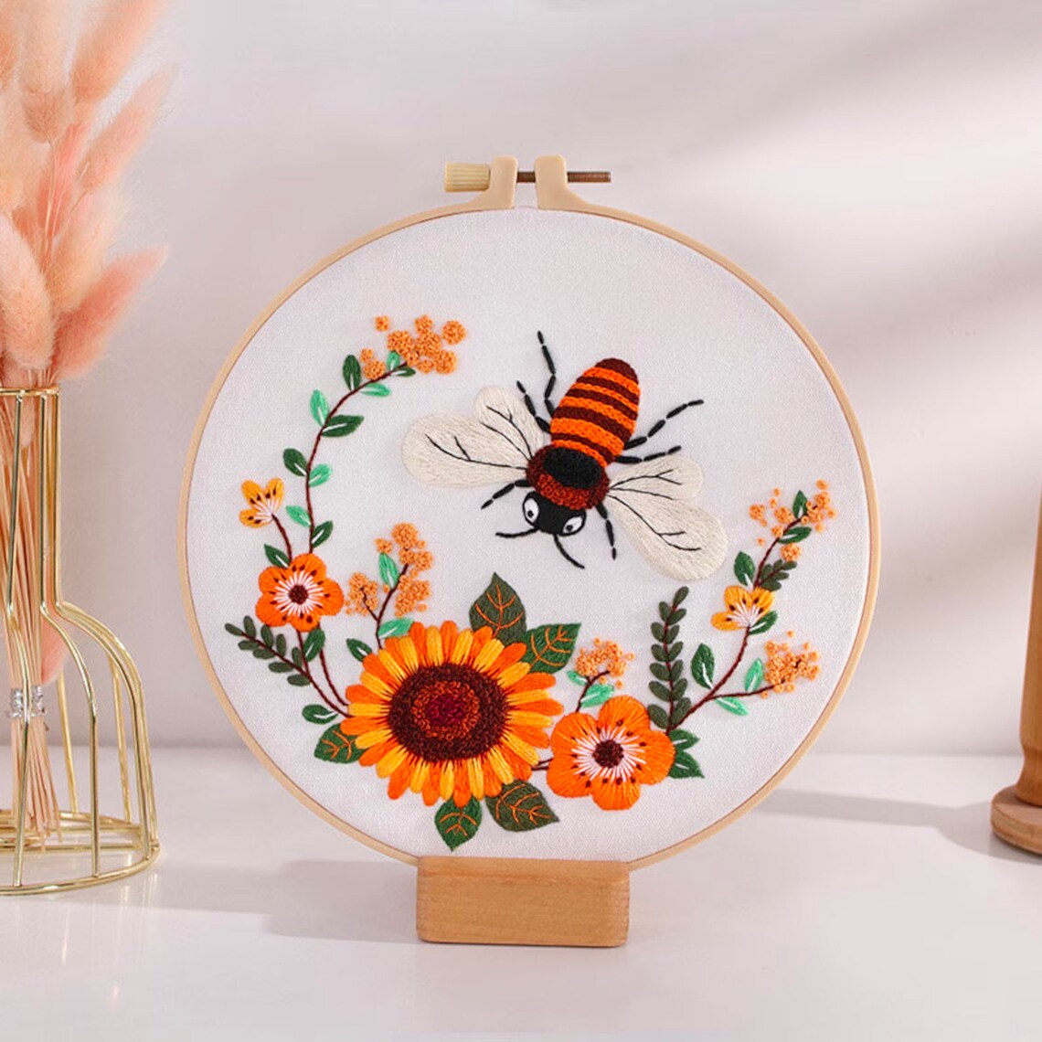 Bees and Flowers Embroidery Kit For Beginner  Modern Embroidery Kit with Pattern