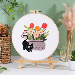 Cat Embroidery Kit For Beginner | Modern Crewel Embroidery Kit with Pattern | Floral Embroidery Full Kit Needlepoint Hoop