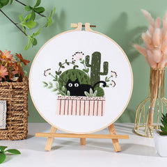 Cat Embroidery Kit For Beginner | Modern Crewel Embroidery Kit with Pattern | Floral Embroidery Full Kit Needlepoint Hoop