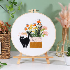 Cat Embroidery Kit For Beginner | Modern Crewel Embroidery Kit with Pattern | Floral Embroidery Full Kit Needlepoint Hoop