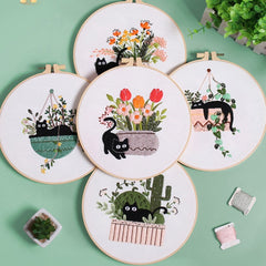 Cat Embroidery Kit For Beginner | Modern Crewel Embroidery Kit with Pattern | Floral Embroidery Full Kit Needlepoint Hoop