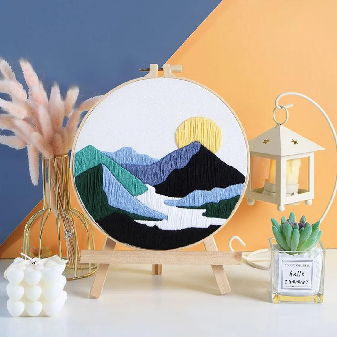 Landscape painting Embroidery Kit for Beginners Modern, Stereoscopic Cross Stitch, Art Kit with Hoop, DIY Starter Craft Kit for Adults