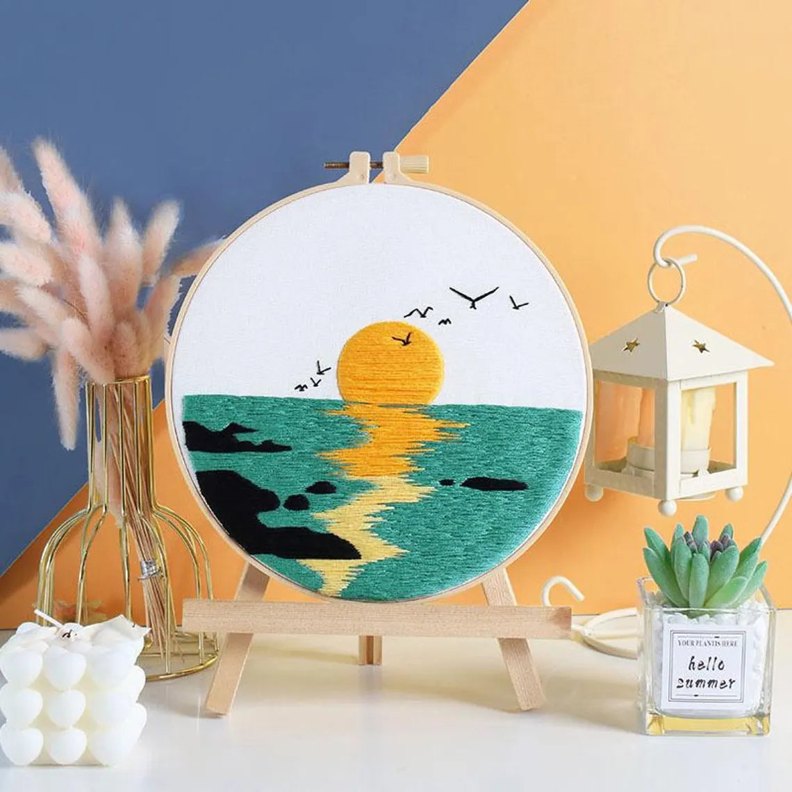 Landscape painting Embroidery Kit for Beginners Modern, Stereoscopic Cross Stitch, Art Kit with Hoop, DIY Starter Craft Kit for Adults