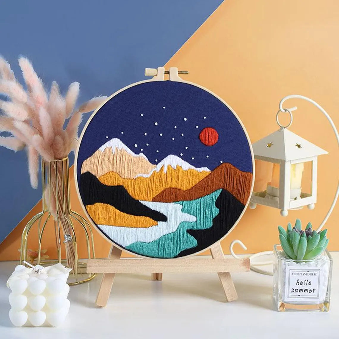 Landscape painting Embroidery Kit for Beginners Modern, Stereoscopic Cross Stitch, Art Kit with Hoop, DIY Starter Craft Kit for Adults