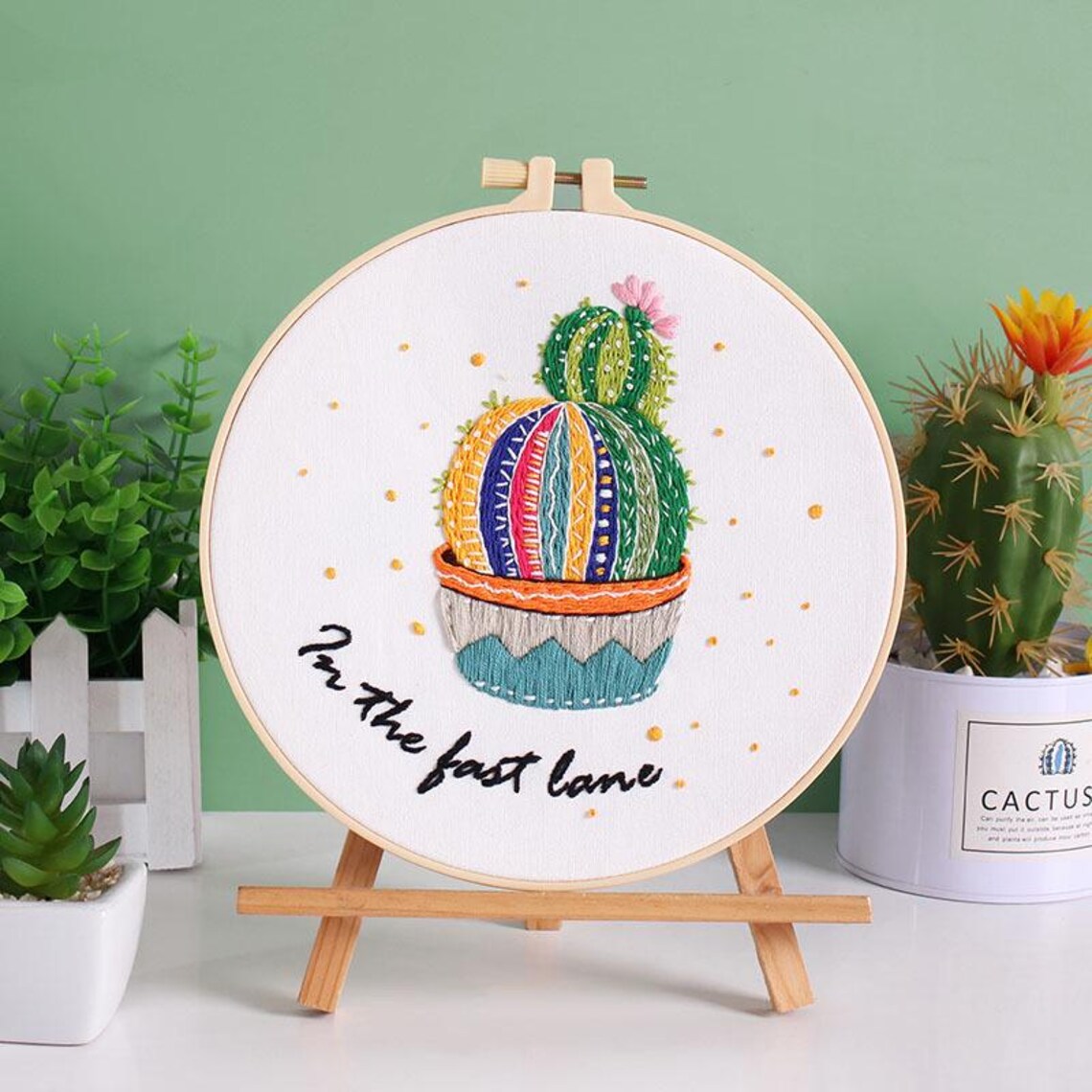Cactus Embroidery Kit For Beginner | Modern Crewel Embroidery Kit with Pattern | Floral Embroidery Full Kit with Needlepoint Hoop