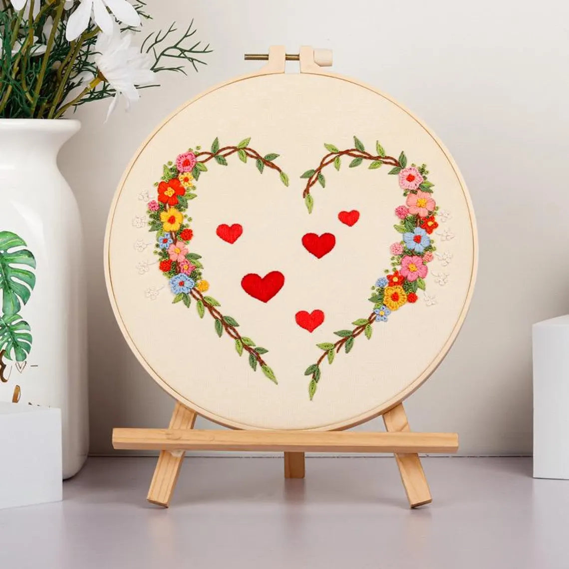 Love Embroidery Kit For Beginner | Modern Crewel Embroidery Kit with Pattern | Floral Embroidery Full Kit with Needlepoint Hoop