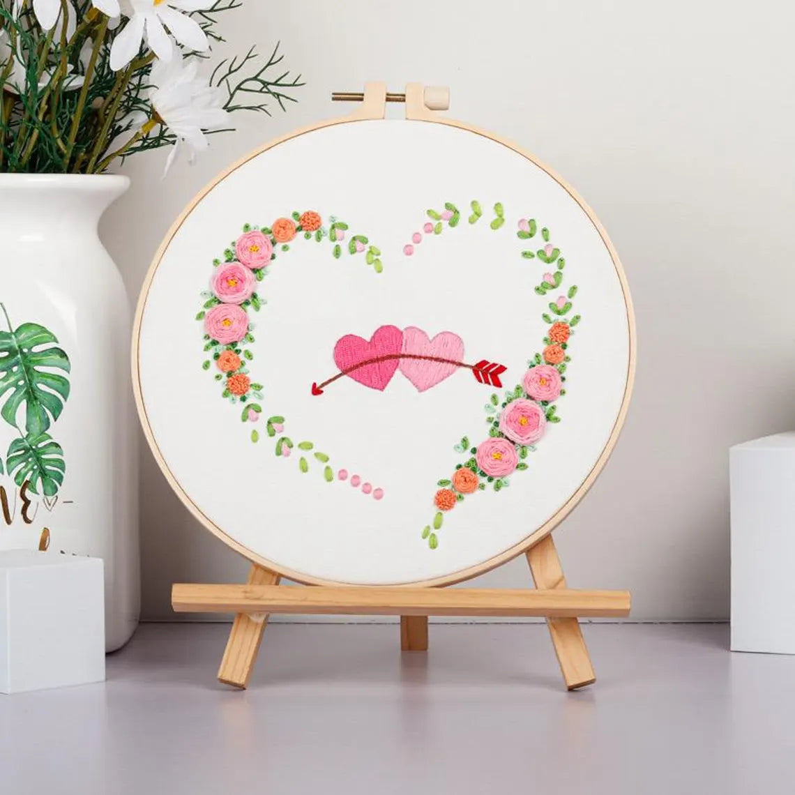 Love Embroidery Kit For Beginner | Modern Crewel Embroidery Kit with Pattern | Floral Embroidery Full Kit with Needlepoint Hoop