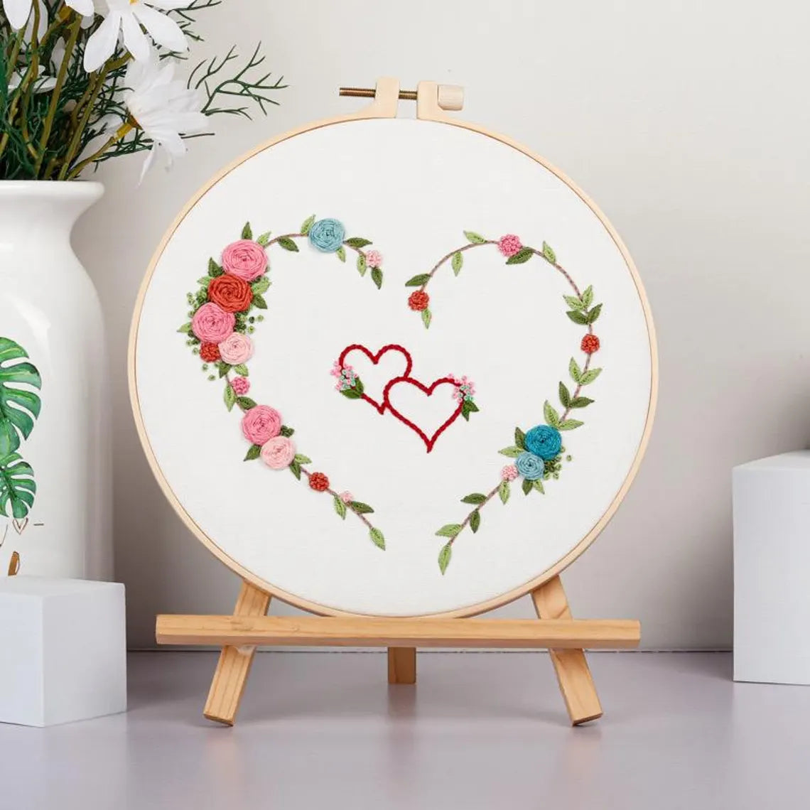 Love Embroidery Kit For Beginner | Modern Crewel Embroidery Kit with Pattern | Floral Embroidery Full Kit with Needlepoint Hoop