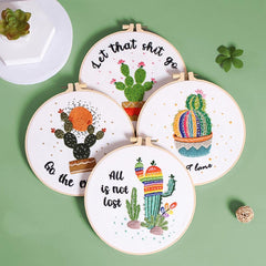 Cactus Embroidery Kit For Beginner | Modern Crewel Embroidery Kit with Pattern | Floral Embroidery Full Kit with Needlepoint Hoop