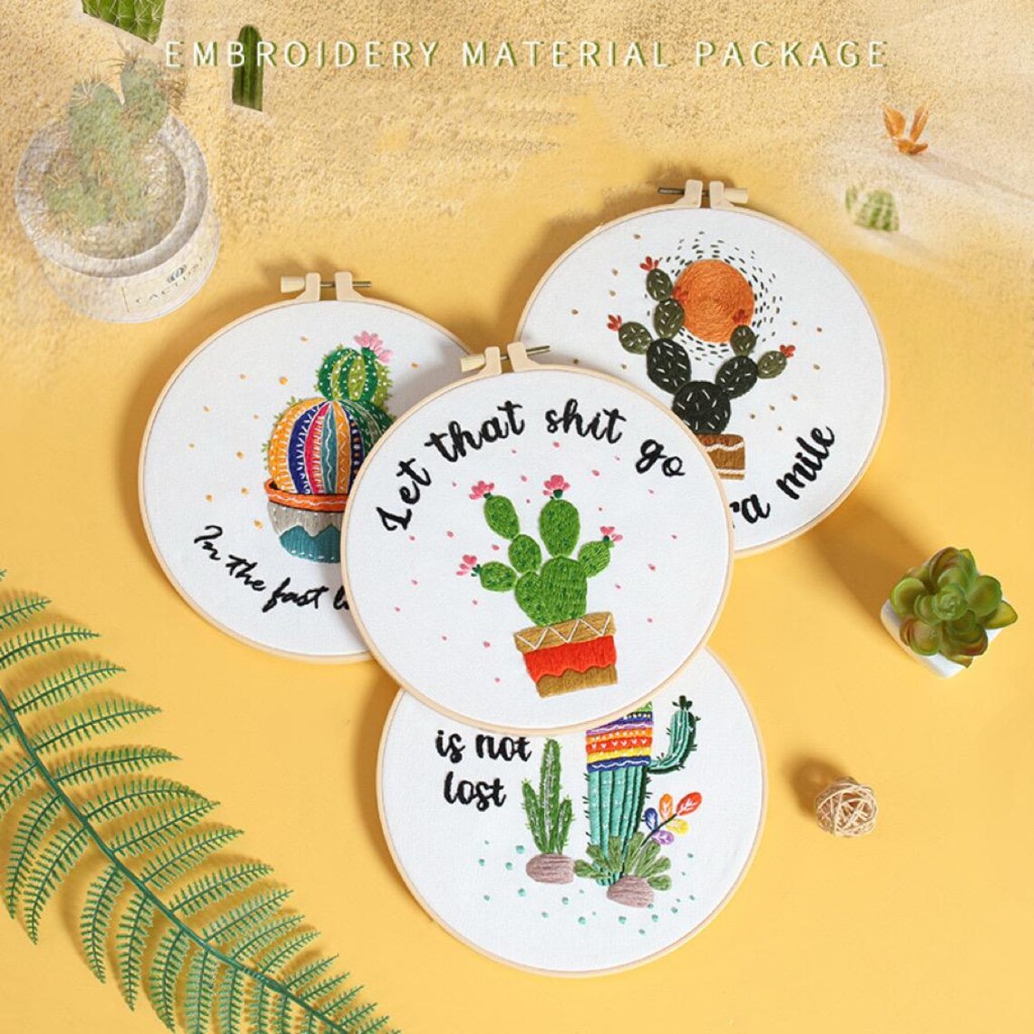 Cactus Embroidery Kit For Beginner | Modern Crewel Embroidery Kit with Pattern | Floral Embroidery Full Kit with Needlepoint Hoop