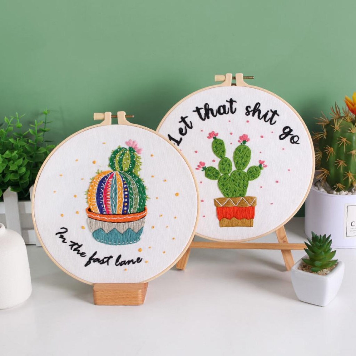 Cactus Embroidery Kit For Beginner | Modern Crewel Embroidery Kit with Pattern | Floral Embroidery Full Kit with Needlepoint Hoop