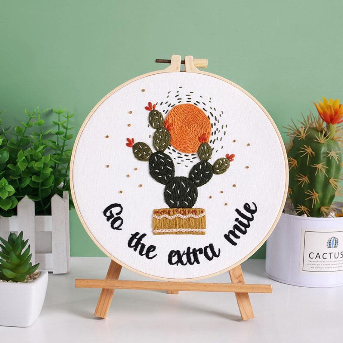 Cactus Embroidery Kit For Beginner | Modern Crewel Embroidery Kit with Pattern | Floral Embroidery Full Kit with Needlepoint Hoop