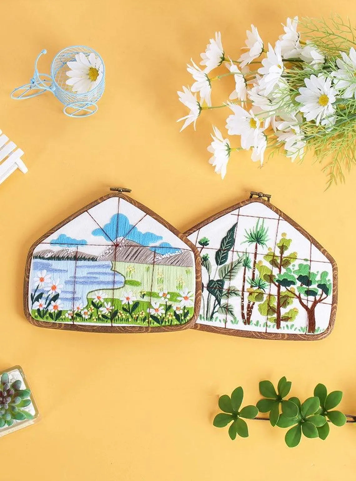 Flowers and Landscape Pattern with Classic Frame Embroidery Kit -Beginner Embroidery Kits For Adults