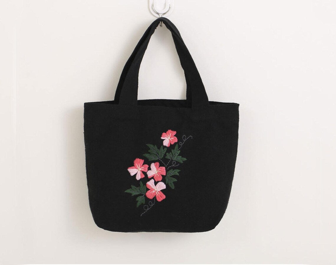 8 Patterns Flower Hand Embroidery Bag Kit,Portable Small Canvas Lunch Tote Bag,Bento Bag Needlepoint Kit for Beginner,DIY Adult Craft Kit