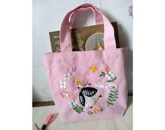 8 Patterns Flower Hand Embroidery Bag Kit,Portable Small Canvas Lunch Tote Bag,Bento Bag Needlepoint Kit for Beginner,DIY Adult Craft Kit
