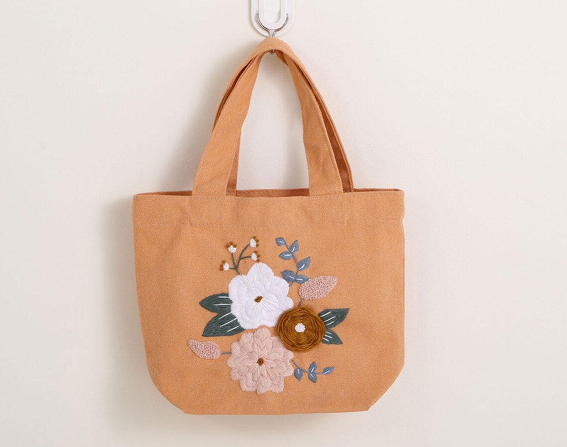 8 Patterns Flower Hand Embroidery Bag Kit,Portable Small Canvas Lunch Tote Bag,Bento Bag Needlepoint Kit for Beginner,DIY Adult Craft Kit