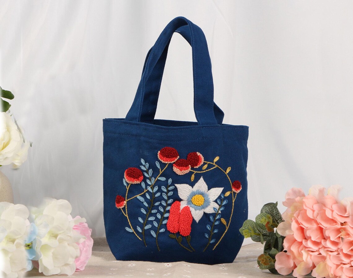 8 Patterns Flower Hand Embroidery Bag Kit,Portable Small Canvas Lunch Tote Bag,Bento Bag Needlepoint Kit for Beginner,DIY Adult Craft Kit