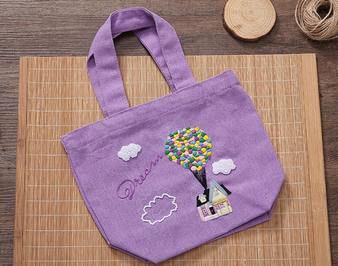 8 Patterns Flower Hand Embroidery Bag Kit,Portable Small Canvas Lunch Tote Bag,Bento Bag Needlepoint Kit for Beginner,DIY Adult Craft Kit