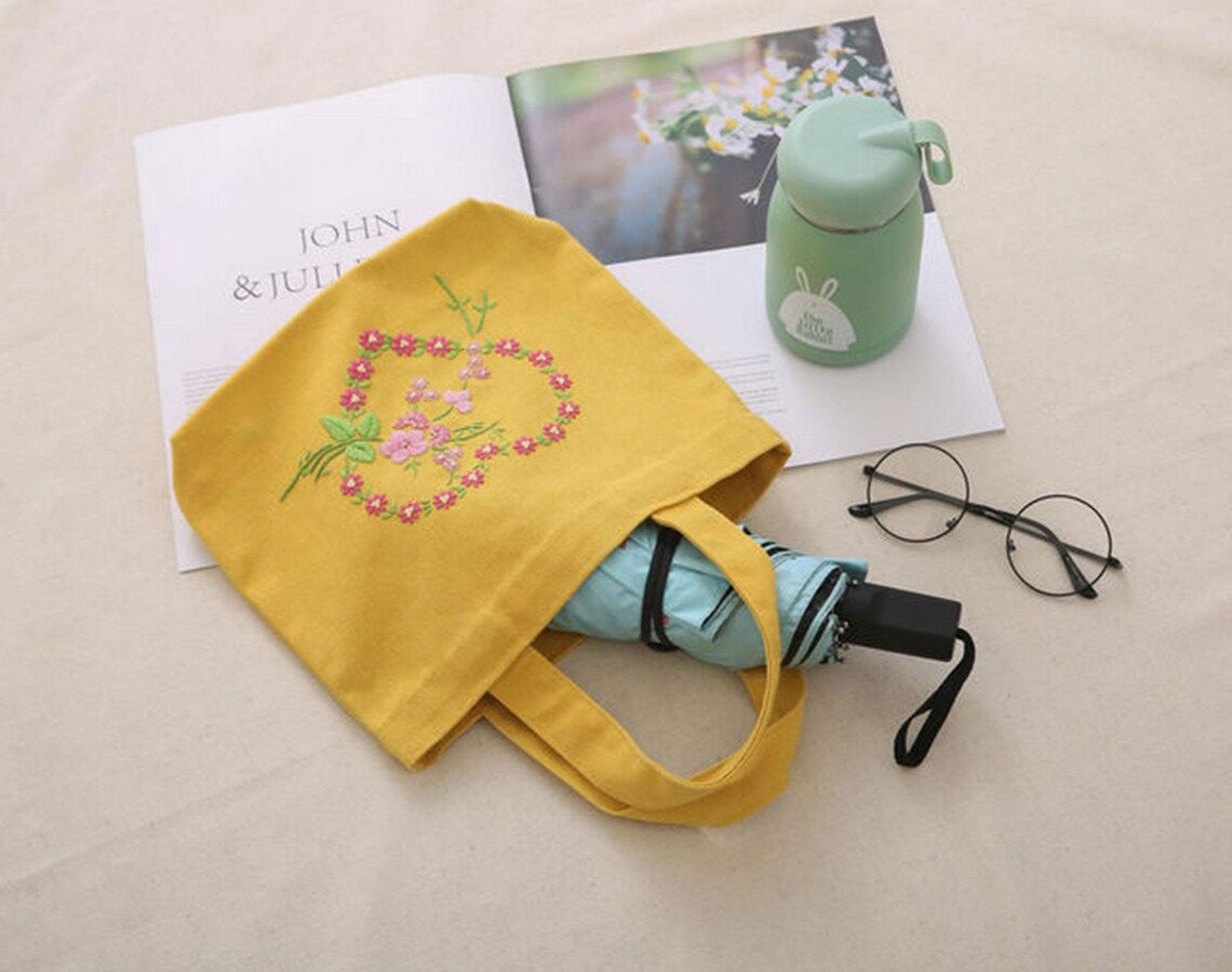 8 Patterns Flower Hand Embroidery Bag Kit,Portable Small Canvas Lunch Tote Bag,Bento Bag Needlepoint Kit for Beginner,DIY Adult Craft Kit