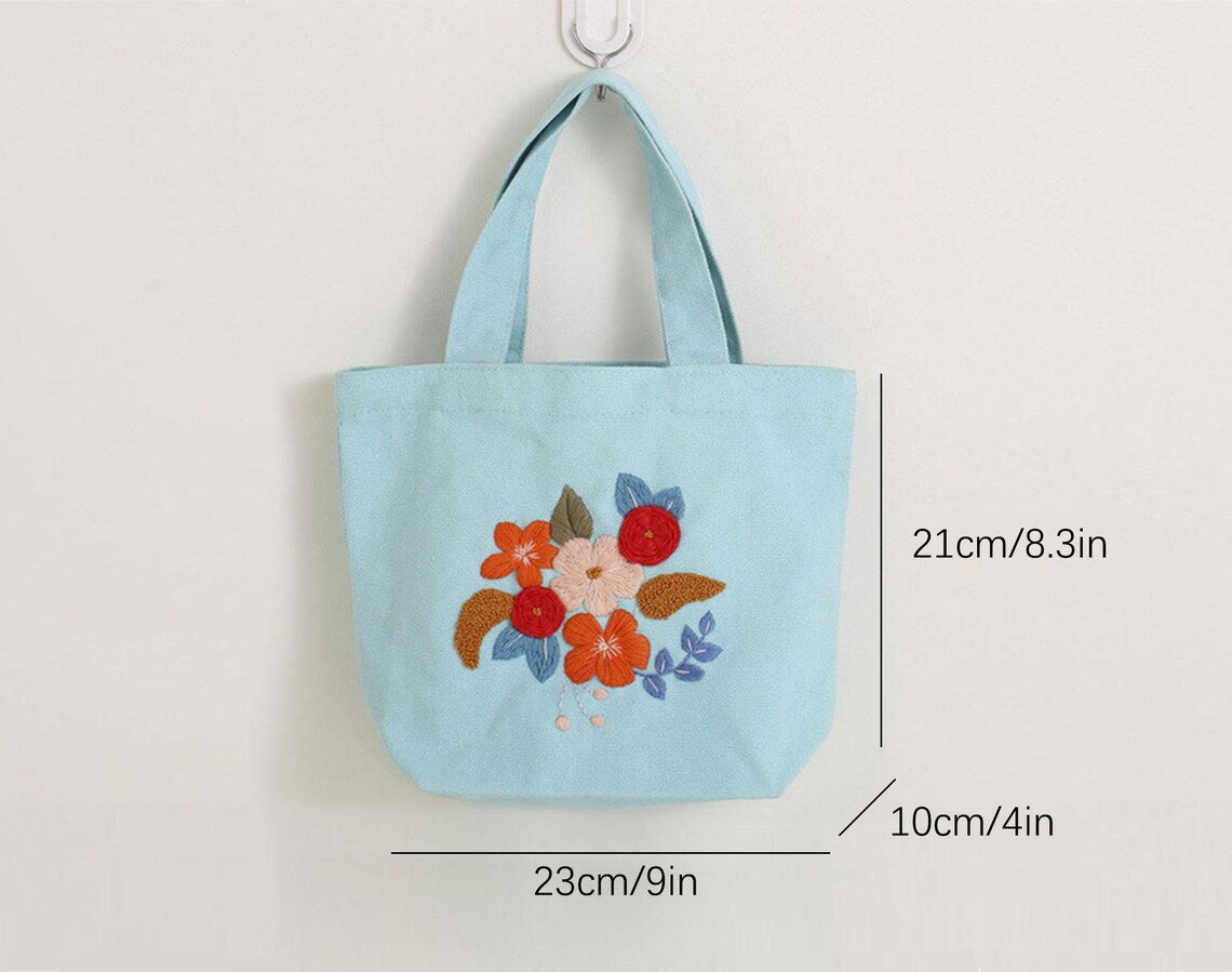 8 Patterns Flower Hand Embroidery Bag Kit,Portable Small Canvas Lunch Tote Bag,Bento Bag Needlepoint Kit for Beginner,DIY Adult Craft Kit