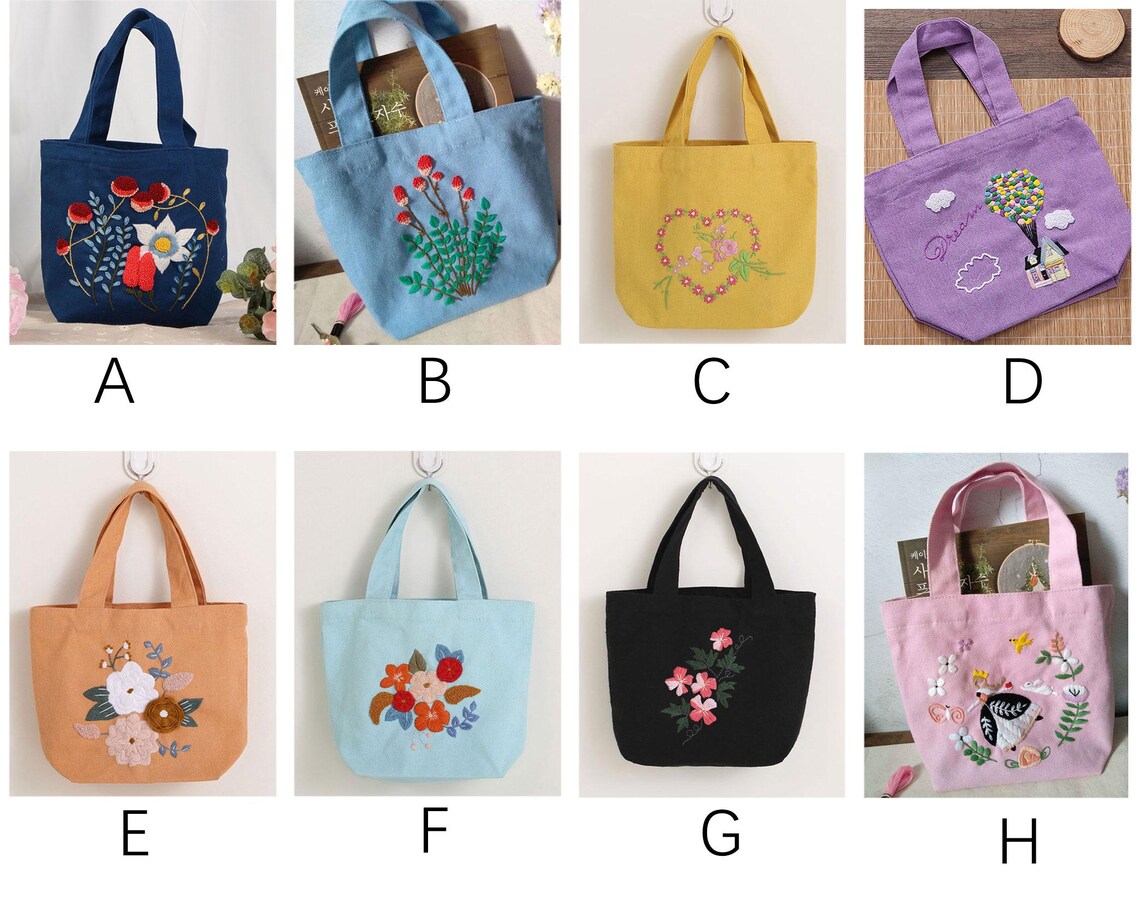 8 Patterns Flower Hand Embroidery Bag Kit,Portable Small Canvas Lunch Tote Bag,Bento Bag Needlepoint Kit for Beginner,DIY Adult Craft Kit