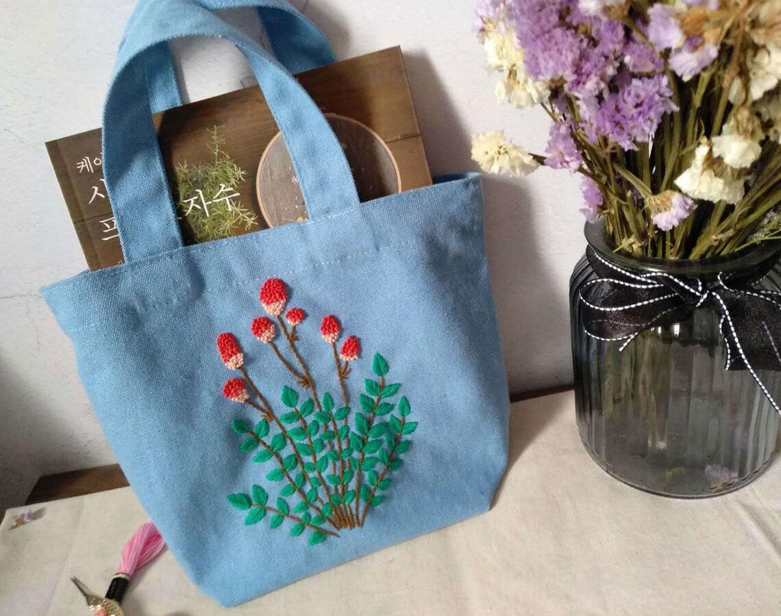 8 Patterns Flower Hand Embroidery Bag Kit,Portable Small Canvas Lunch Tote Bag,Bento Bag Needlepoint Kit for Beginner,DIY Adult Craft Kit