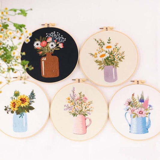 Modern Crewel Embroidery Kit with Pattern | Floral Embroidery Full Kit with Needlepoint Hoop| DIY Craft Kit