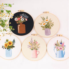 Modern Crewel Embroidery Kit with Pattern | Floral Embroidery Full Kit with Needlepoint Hoop| DIY Craft Kit