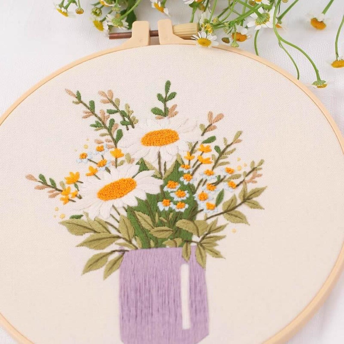 Modern Crewel Embroidery Kit with Pattern | Floral Embroidery Full Kit with Needlepoint Hoop| DIY Craft Kit